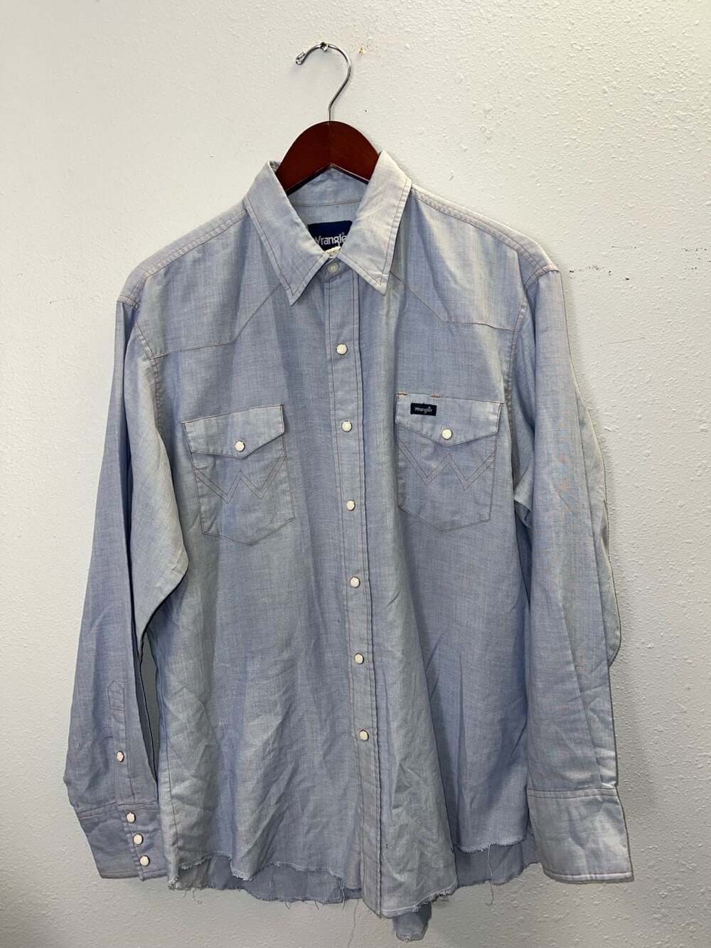 Vintage 80s Wrangler Pearl Snap Shirt Mens Large XL Light Blue Western Workwear